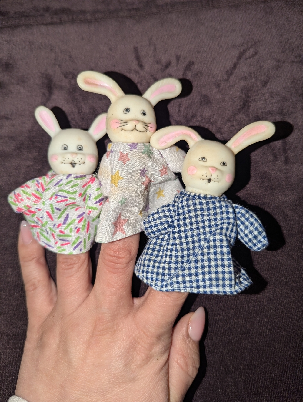 Vintage Russ Easter Small Pets Finger Puppet Bunny Rabbits Set Of 3